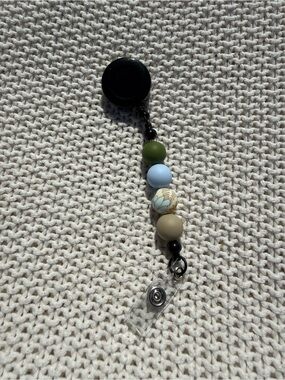 Beaded Badge Reel with Olive, Light Blue & Floral Beads